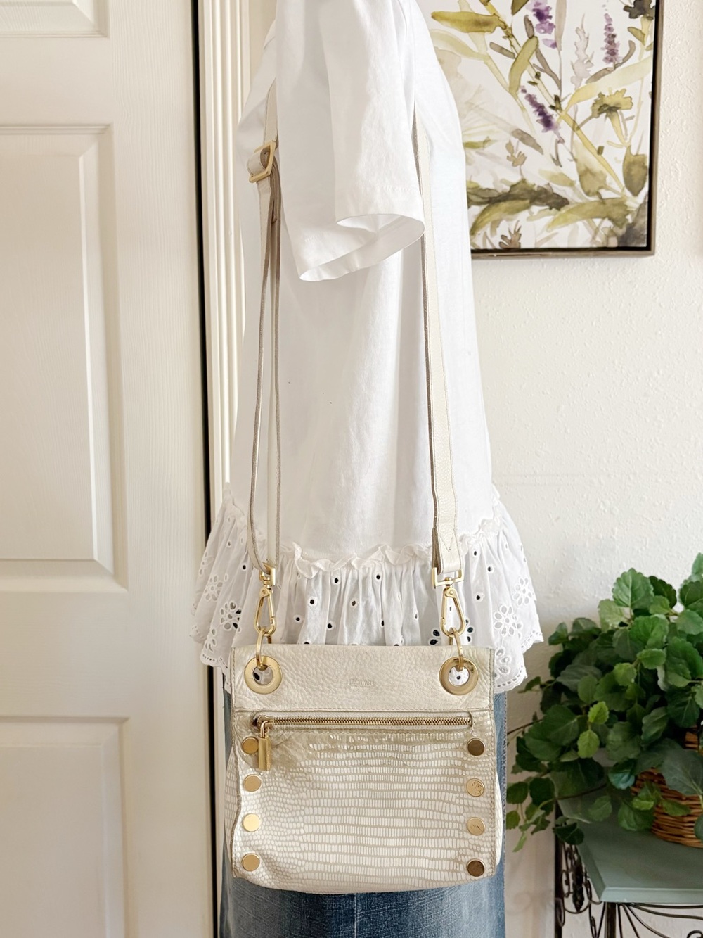 Hammitt Cream Textured Crossbody with Gold Hardware